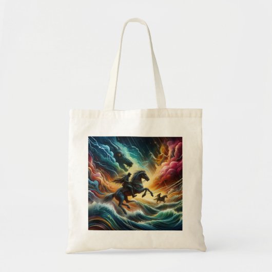 Dynamisch duo: Stormy Horseback Adventure Tote Bag (Voorkant)