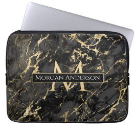 Dynamisch Goud & Zwarte Marmer, doe-het-zelf monog Laptop Sleeve