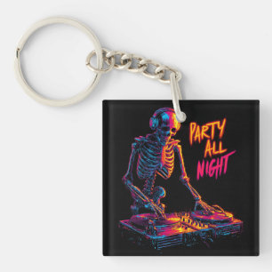 Dynamisch Neon-Kleurig Skelet DJ die Platen Draait Sleutelhanger
