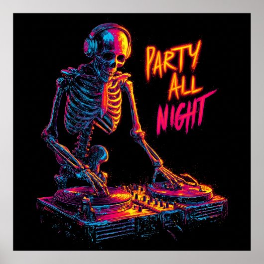 Dynamisch neonkleurgeluid skeleton DJ die platen d Poster (Voorkant)