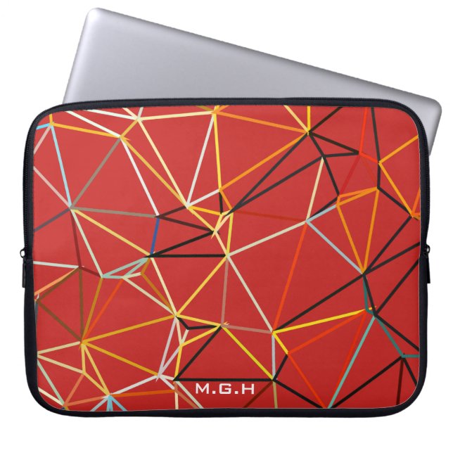 Dynamisch rood abstract geometrisch monogram laptop sleeve (Voorkant)