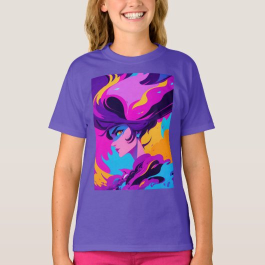 Dynamisch vrouwelijk animeprofiel in heldere roze t-shirt (Voorkant)