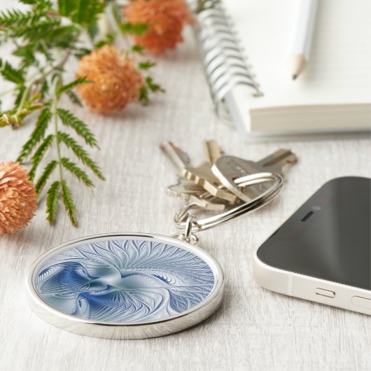 Dynamische Abstracte blauwe tinten Fractal Art Sleutelhanger (Zijkant)