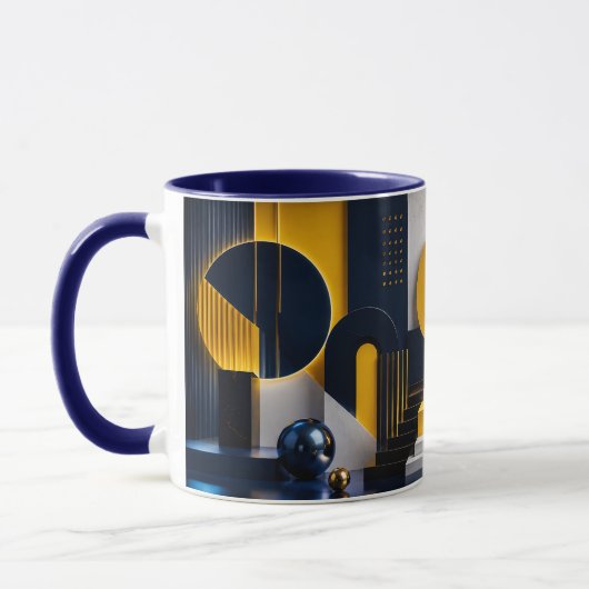Dynamische abstracte kunst met marineblauw, goud e mok (Links)