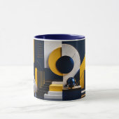 Dynamische abstracte kunst met marineblauw, goud e mok (Midden)