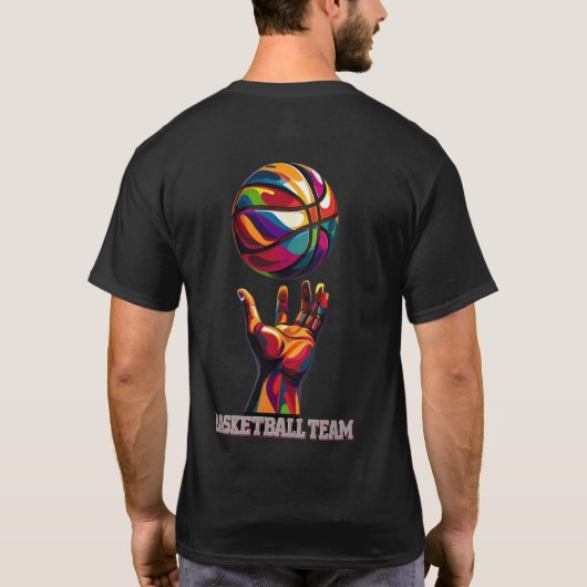 Dynamische basketbal team hand en bal illustratie t-shirt (Achterkant)