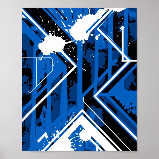 Dynamische Blauwe Geometrie met Witte Verfspatten Poster (Voorkant)