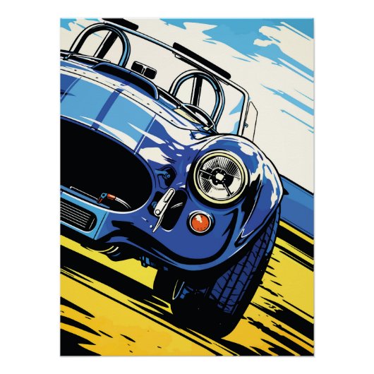 Dynamische Blauwe Roadster Pop Art Dash Perfect Poster (Voorkant)