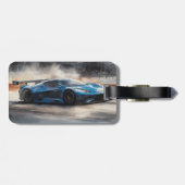 Dynamische blauwe stedelijke racescene bagagelabel (Achterkant horizontaal)