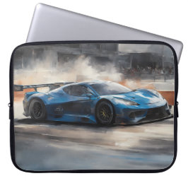 Dynamische blauwe stedelijke racescene laptop sleeve