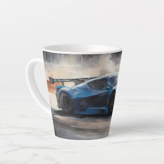 Dynamische blauwe stedelijke racescene latte mok (Linkerhoek)