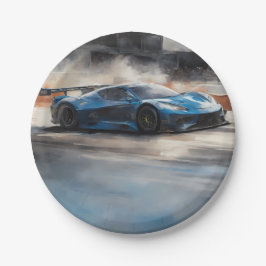 Dynamische blauwe stedelijke racescene papieren bordje