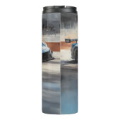 Dynamische blauwe stedelijke racescene thermosbeker (Achterkant)