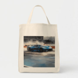 Dynamische blauwe stedelijke racescene tote bag