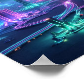 Dynamische buitenaardse stad met lichtstralen poster (Hoek)