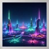 Dynamische buitenaardse stad met lichtstralen poster (Voorkant)