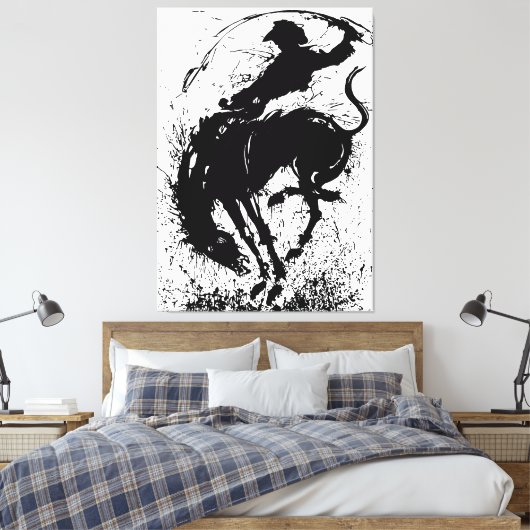 Dynamische Cowboy Rodeo Silhouet Kunst Canvas Afdruk (Insitu (Slaapkamer))