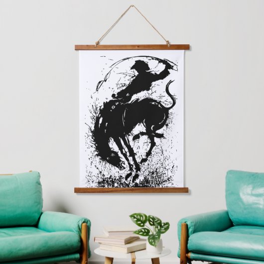 Dynamische Cowboy Rodeo Silhouet Kunst Hangend Wandkleed (Woonkamer)