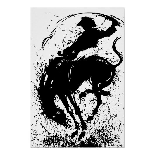 Dynamische Cowboy Rodeo Silhouet Kunst Perfect Poster (Voorkant)