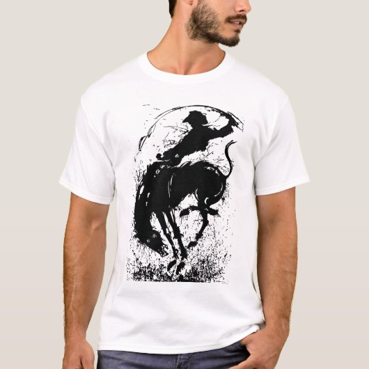 Dynamische Cowboy Rodeo Silhouet Kunst T-shirt (Voorkant)