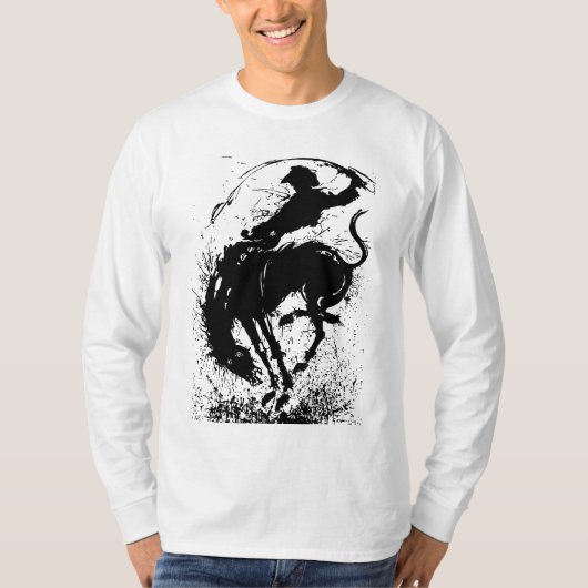 Dynamische Cowboy Rodeo Silhouet Kunst T-shirt (Voorkant)