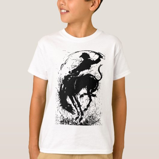Dynamische Cowboy Rodeo Silhouet Kunst T-shirt (Voorkant)