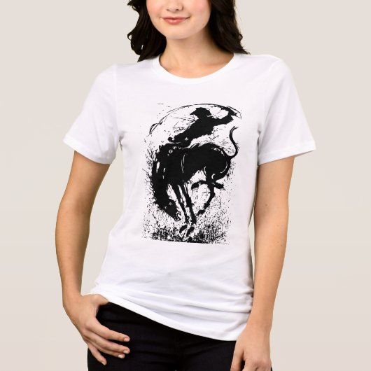 Dynamische Cowboy Rodeo Silhouet Kunst Tri-Blend Shirt (Voorkant)