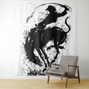 Dynamische Cowboy Rodeo Silhouet Kunst Wandkleed