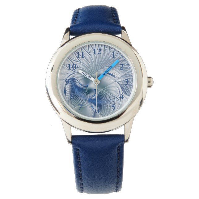 Dynamische Fantasie Abstracte Blau Tinten Fractal  Horloge (Voorkant)