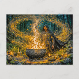 Dynamische fantasie tovenaar met gloeiende magisch briefkaart