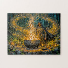 Dynamische fantasie tovenaar met gloeiende magisch legpuzzel