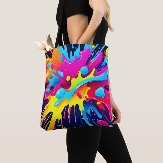 Dynamische fluorescerende verfstrepen tote bag (Dichtbij)