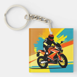 Dynamische motorfietsillustratie met berijder sleutelhanger