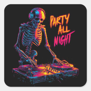 Dynamische Neon-Colored Skeleton DJ Spinning Recor Vierkante Sticker