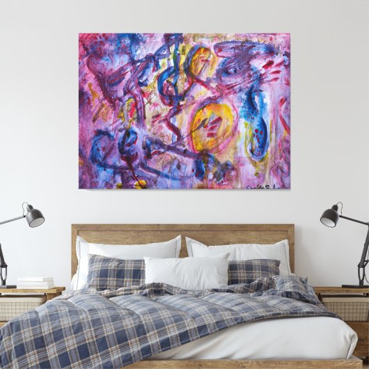 Dynamische overlappingen van violette en blauwe ti canvas afdruk (Insitu (Slaapkamer))