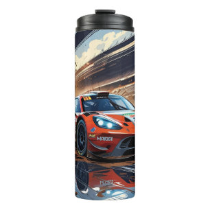Dynamische raceauto-illustratie met spetterende mo thermosbeker
