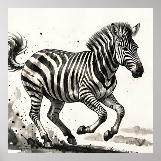 Dynamische rennende zebra-inkt kunst poster (Voorkant)