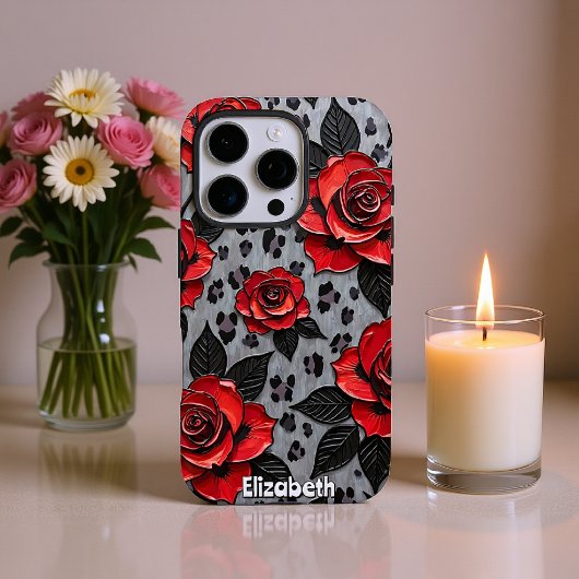 Dynamische rode rozen op gestructureerd canvas iPhone hoesje