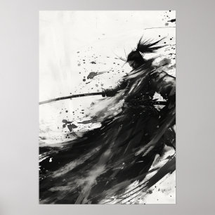 Dynamische Samurai Jack in zwart-wit Poster