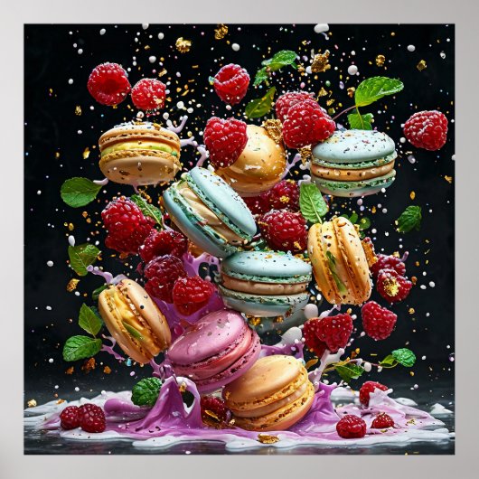 Dynamische scène van macarons in een explosie van  poster (Voorkant)