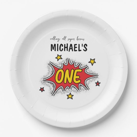 Dynamische Superheld 1e Verjaardag Papieren Bordje (Voorkant)
