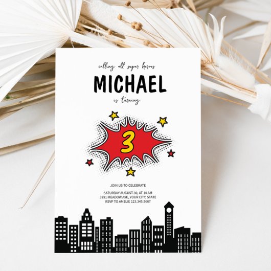 Dynamische Superheld 3e Verjaardag uitnodiging