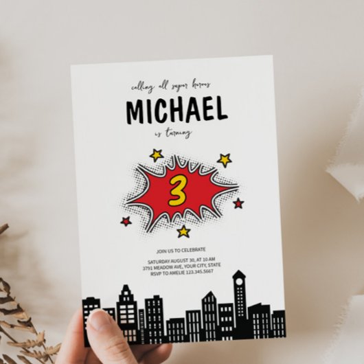 Dynamische Superheld 3e Verjaardag uitnodiging