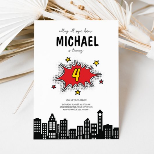 Dynamische Superhero 4e Verjaardag Uitnodiging