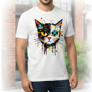 Dynamische verfspatten kattengezicht wit heren- t-shirt