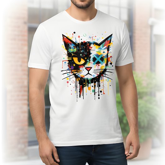 Dynamische verfspatten kattengezicht wit heren- t-shirt