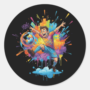 Dynamische Voetbaljongen Kleurrijke Cartoon Sticke Ronde Sticker