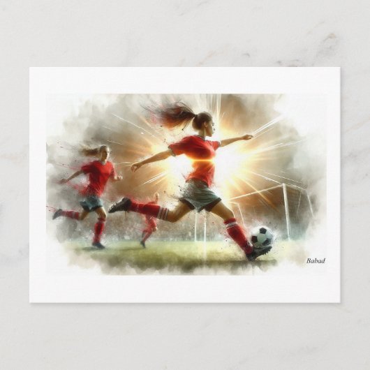 Dynamische vrouwenvoetbalwedstrijd, briefkaart (Voorkant)