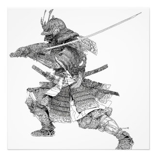 Dynamische zwart-wit Samurai Warrior tekening Foto Afdruk