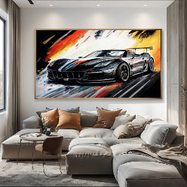 Dynamische zwarte raceauto abstract schilderkunst canvas afdruk